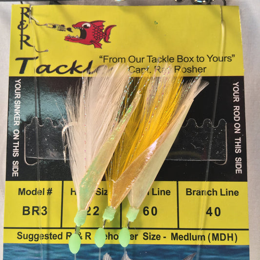 R&R BR3 Bait Rig - 3(Size 22) hooks with white/yellow feather & fish skin