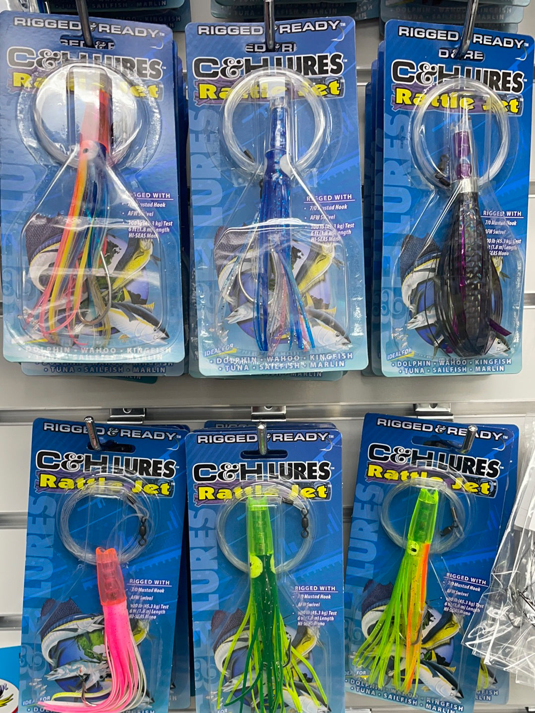c and h fishing lures & King Buster Bling Series Skirt 3 pc Clear/Silver Rigged and Ready with 6 ft (1.8 m) of 130 lb (58.9 kg) Hi C&H Lures Rattle Jet Rigged