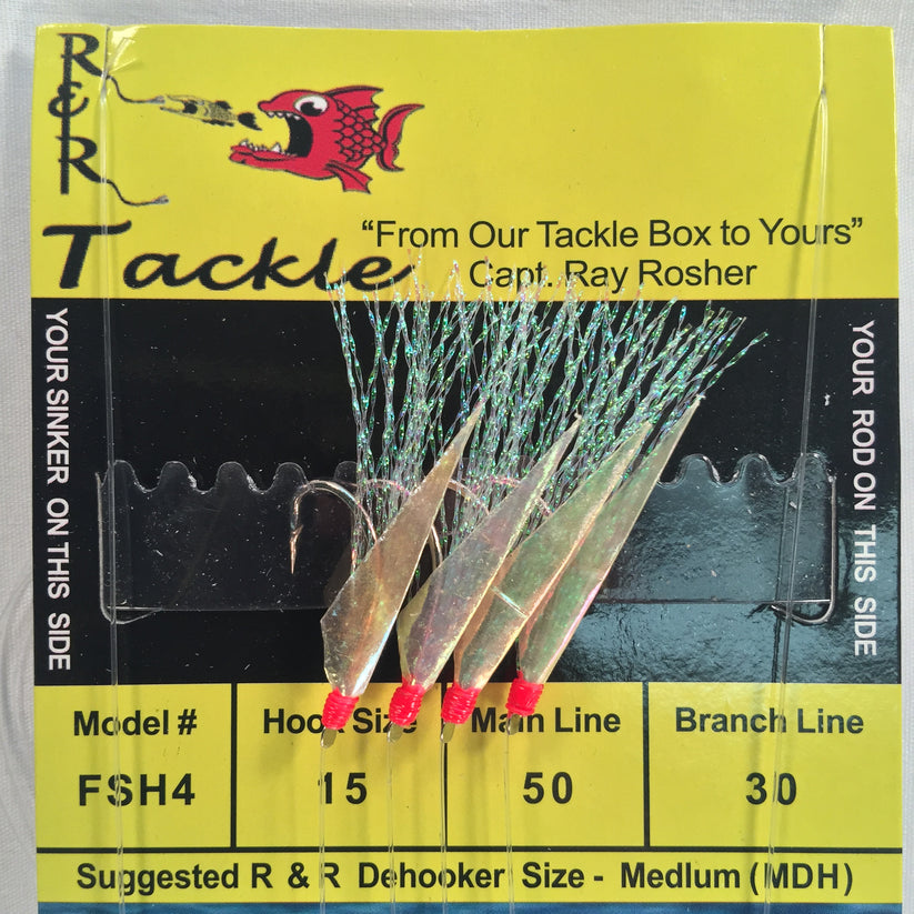R&R FSH4 Bait Rig- 4 (size 15) hooks with flash & fish skin