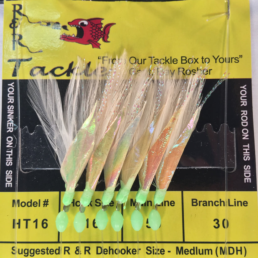 R&R HT16 Bait Rig - 6 (size 16) hooks with white feather & fish skin
