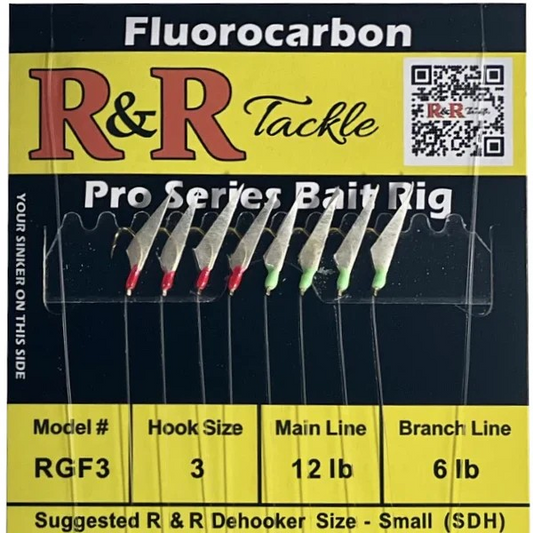 R&R - RGF3 FLUOROCARBON BAIT RIG - 8 (SIZE 3) HOOKS WITH 4 RED 4 GREEN GLOW HEADS WITH FISH SKIN