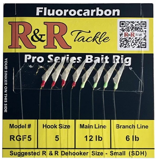 R&R - RGF5 FLUOROCARBON BAIT RIG - 8 (SIZE 5) HOOKS WITH 4 RED 4 GREEN GLOW HEADS WITH FISH SKIN