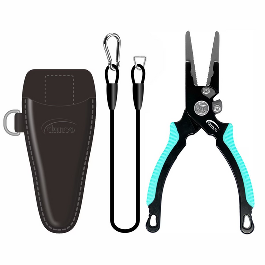 DANCO SPORTS PRO SERIES 6.5" ALUMINUM PLIERS WITH BLACK LEATHER SHEATH AND LANYARD